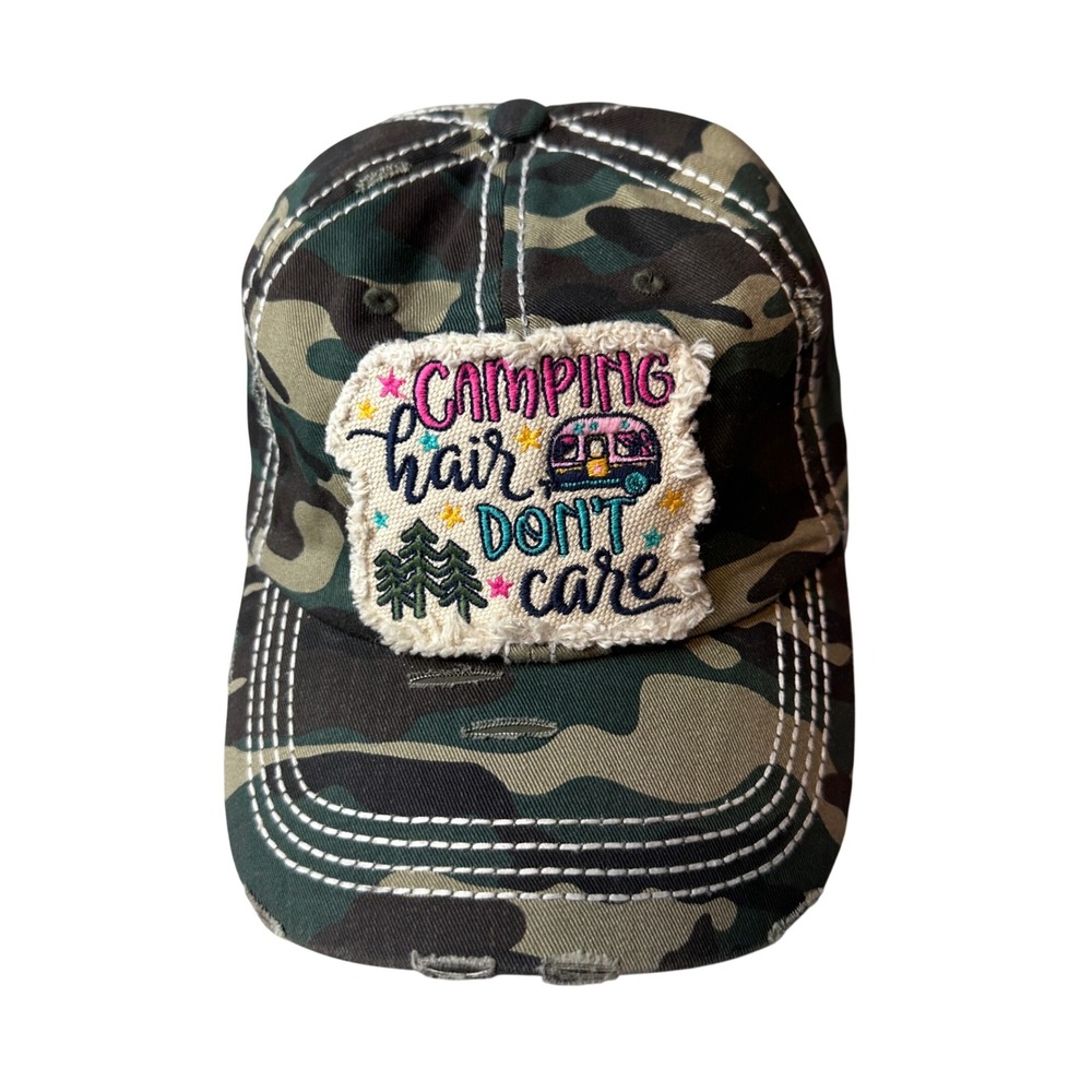 KBETHOS Hat Womens OS Green Camo Camping Hair Don't Care Distressed Baseball Cap